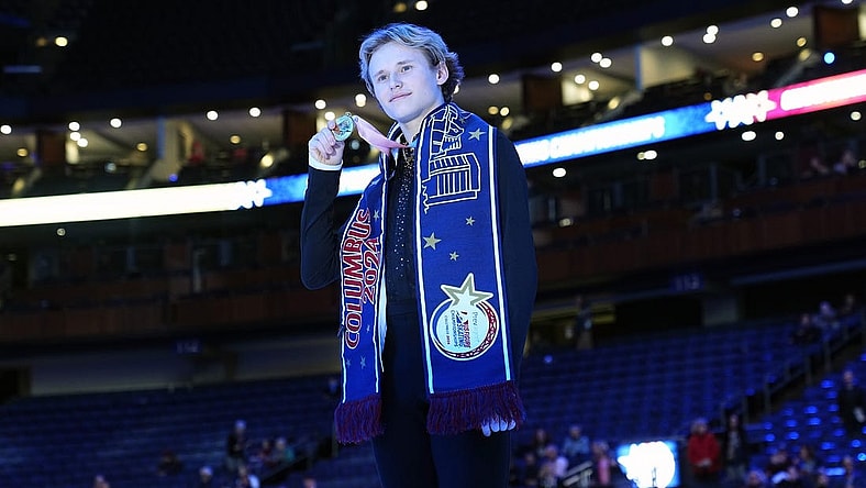 Jan 28, 2024; Columbus, Ohio, USA; Ilia Malinin winner of the men   s championship during the 2024 US Figure Skating Championships at Nationwide Arena. Mandatory Credit: Adam Cairns-USA TODAY Sports
