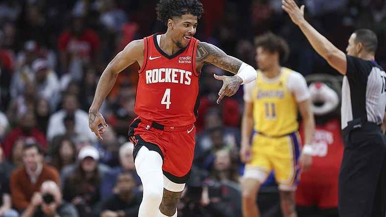 Jan 29, 2024; Houston, Texas, USA; Houston Rockets guard Jalen Green (4) celebrates after scoring a basket during the third quarter against the Los Angeles Lakers at Toyota Center. Mandatory Credit: Troy Taormina-USA TODAY Sports