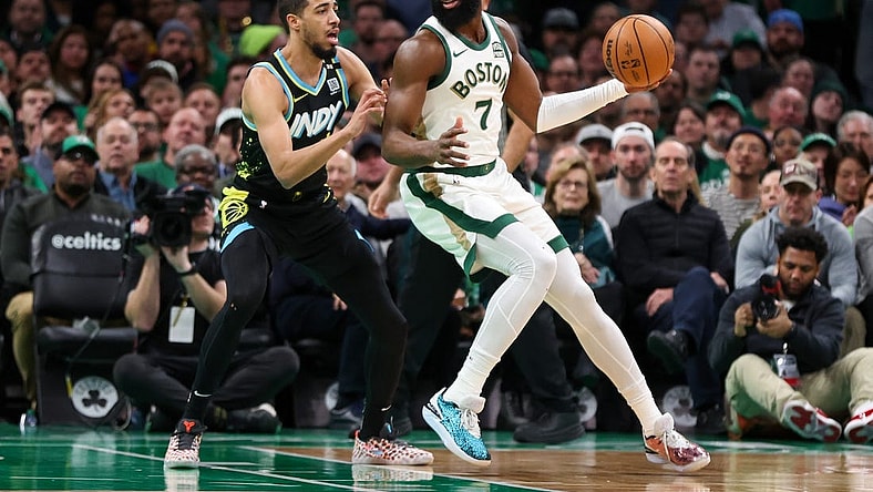 Jan 30, 2024; Boston, Massachusetts, USA; Boston Celtics forward Jaylen Brown (7) drives to the basket during the first half against the Indiana Pacers at TD Garden. Mandatory Credit: Paul Rutherford-USA TODAY Sports