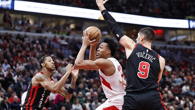 Jan 30, 2024; Chicago, Illinois, USA; Toronto Raptors forward Scottie Barnes (4) drives to the basket against the Chicago Bulls during the first half at United Center. Mandatory Credit: Kamil Krzaczynski-USA TODAY Sports