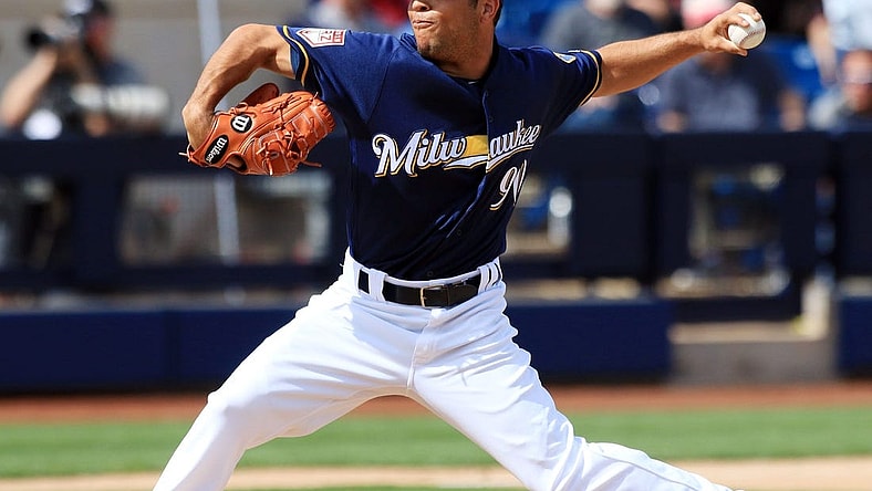Milwaukee Brewers minor league pitcher Clayton Andrews delivers a pitch during their spring training game against the Arizona Diamondbacks.

ANDREWS21p1