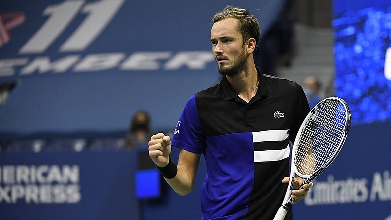 Sep 11 2020; Flushing Meadows, New York,USA; Daniil Medvedev of Russia reacts after winning a point against Dominic Thiem of Austria (not pictured) in a men's singles semi-finals match on day twelve of the 2020 U.S. Open tennis tournament at USTA Billie Jean King National Tennis Center. Mandatory Credit: Danielle Parhizkaran-USA TODAY Sports
