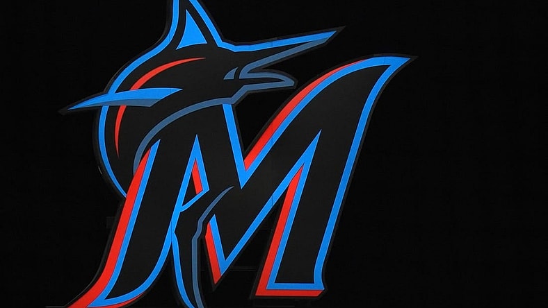 May 5, 2021; Miami, Florida, USA; A general view of the Miami Marlins illuminated logo at loanDepot park during the game between the Miami Marlins and the Arizona Diamondbacks. Mandatory Credit: Jasen Vinlove-USA TODAY Sports