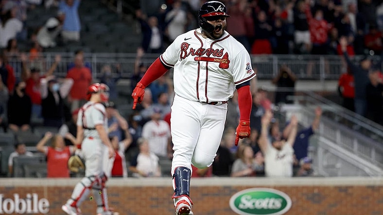 May 8, 2021; Atlanta, Georgia, USA; Atlanta Braves third baseman Pablo Sandoval (48) reacts after hitting a two run home run during the ninth inning against the Philadelphia Phillies at Truist Park. Mandatory Credit: Jason Getz-USA TODAY Sports