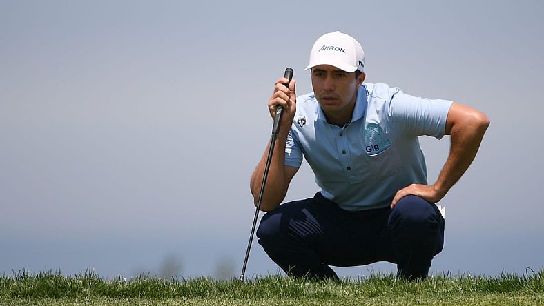 Jun 17, 2021; San Diego, California, USA; Alvaro Ortiz lines up a putt on the 14th green during the first round of the U.S. Open golf tournament at Torrey Pines Golf Course. Mandatory Credit: Orlando Ramirez-USA TODAY Sports