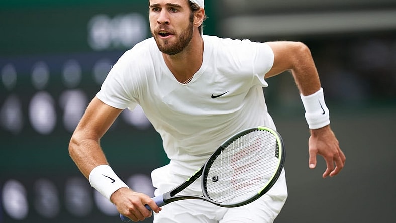 Jul 7, 2021; London, United Kingdom; Karen Khachanov (RUS) seen playing Denis Shapovalov (CAN) in the quarter finals at All England Lawn Tennis and Croquet Club. Mandatory Credit: Peter van den Berg-USA TODAY Sports
