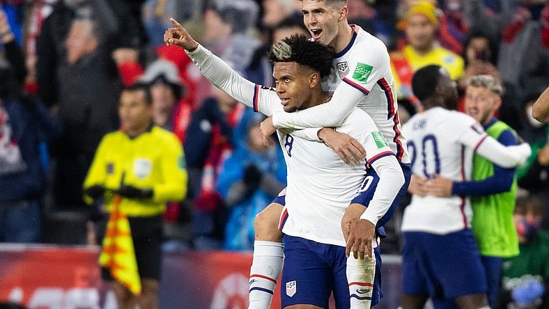 Nov 12, 2021; Cincinnati, Ohio, USA; United States midfielder Weston McKennie (8) celebrates his goal with forward Christian Pulisic (10) during a FIFA World Cup Qualifier soccer match against the Mexico at TQL Stadium. Mandatory Credit: Trevor Ruszkowski-USA TODAY Sports