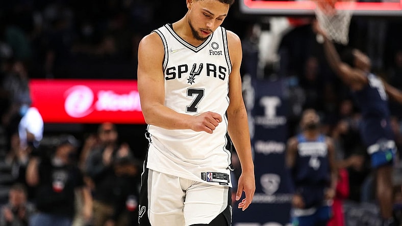 Nov 18, 2021; Minneapolis, Minnesota, USA; San Antonio Spurs guard Bryn Forbes (7) reacts to his loss against the Minnesota Timberwolves at Target Center. Mandatory Credit: David Berding-USA TODAY Sports