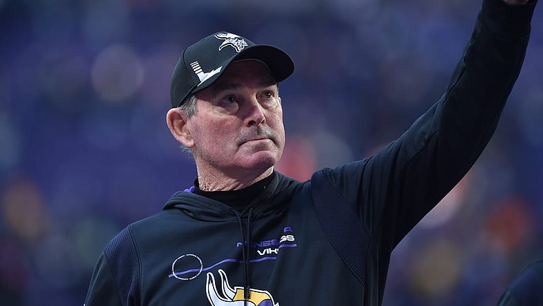 Jan 9, 2022; Minneapolis, Minnesota, USA; Minnesota Vikings head coach Mike Zimmer waves to the crowd after the game against the Chicago Bears  at U.S. Bank Stadium. Mandatory Credit: Jeffrey Becker-USA TODAY Sports
