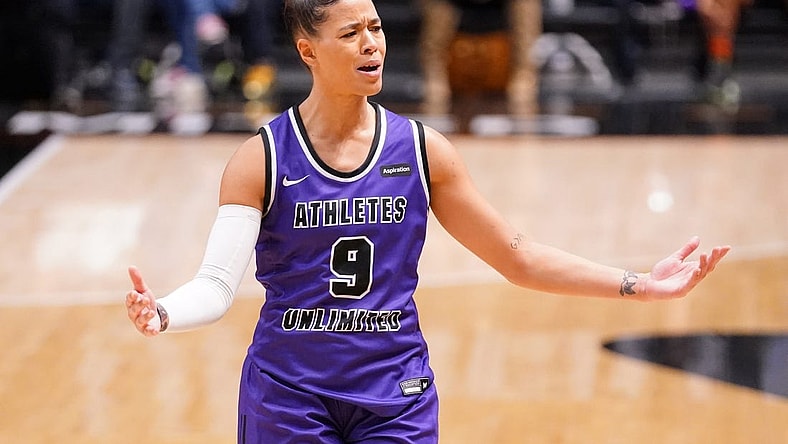 Jan 28, 2022; Las Vegas, Nevada, USA; Team Carrington guard Natasha Cloud (9) reacts to a call by the referee during the second quarter against Team Russell at Athletes Unlimited Arena. Mandatory Credit: Lucas Peltier-USA TODAY Sports