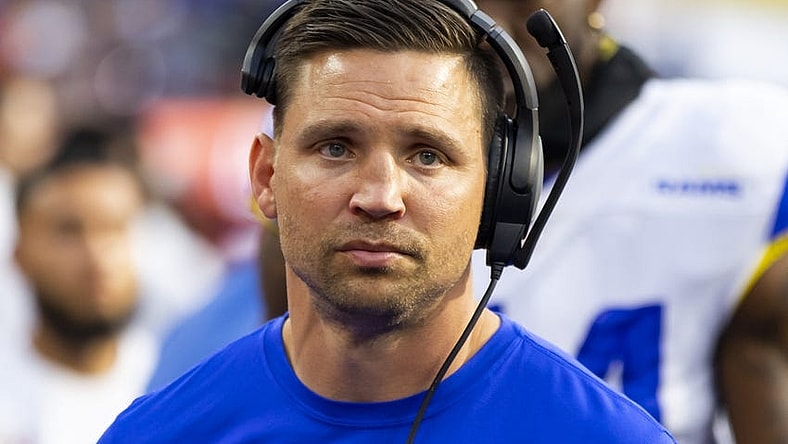 Feb 13, 2022; Inglewood, CA, USA; Los Angeles Rams linebackers coach Chris Shula against the Cincinnati Bengals during Super Bowl LVI at SoFi Stadium. Mandatory Credit: Mark J. Rebilas-USA TODAY Sports