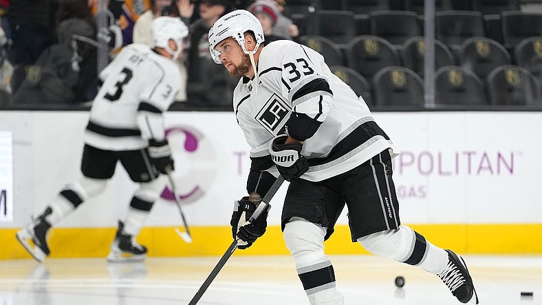 Feb 18, 2022; Las Vegas, Nevada, USA; Los Angeles Kings left wing Viktor Arvidsson (33) warms up before a game against the Vegas Golden Knights at T-Mobile Arena. Mandatory Credit: Stephen R. Sylvanie-USA TODAY Sports