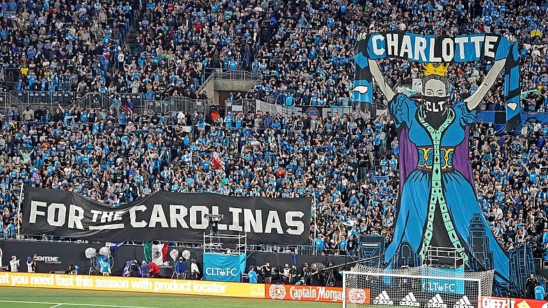 Mar 5, 2022; Charlotte, North Carolina, USA; The Tifo is raised before the match between the Los Angeles Galaxy and Charlotte FC at Bank of America Stadium. Mandatory Credit: John David Mercer-USA TODAY Sports