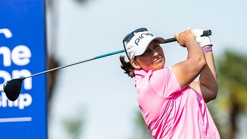 Angela Stanford of the United States tees off on 11 at Mission Hills Country Club in Rancho Mirage, Calif., Thursday, March 31, 2022.