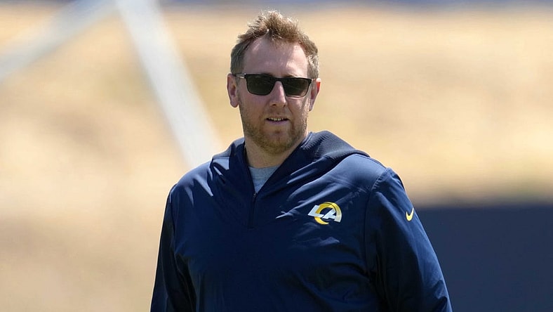 May 23, 2022; Thousand Oaks, CA, USA; Los Angeles Rams offensive coordinator Liam Coen during organized team activities at California Lutheran University. Mandatory Credit: Kirby Lee-USA TODAY Sports