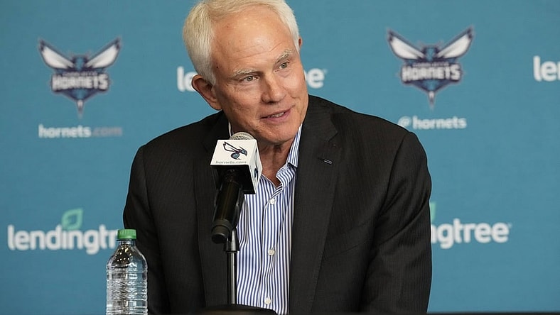Jun 28, 2022; Charlotte, NC, USA; Charlotte Hornets general manager Mitch Kupchak answers media questions after announcing that Steve Clifford would return to coach the team at the Spectrum Center in Charlotte, NC.  Mandatory Credit: Jim Dedmon-USA TODAY Sports