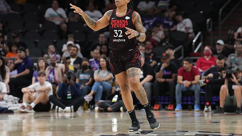 Jun 29, 2022; Phoenix, Arizona, USA; Indiana Fever forward Emma Cannon (32) reacts against the Phoenix Mercury during the second half at Footprint Center. Mandatory Credit: Joe Camporeale-USA TODAY Sports