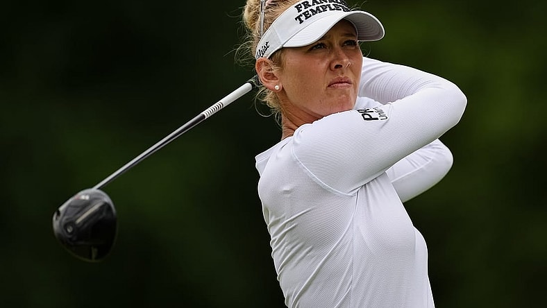 Jun 24, 2022; Bethesda, Maryland, USA; Jessica Korda plays her shot from the 14th tee during the second round of the KPMG Women's PGA Championship golf tournament at Congressional Country Club. Mandatory Credit: Scott Taetsch-USA TODAY Sports