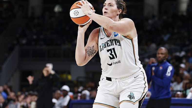 Jul 29, 2022; Chicago, Illinois, USA; New York Liberty center Stefanie Dolson (31) shoots against the Chicago Sky during the second half of the WNBA game at Wintrust Arena. Mandatory Credit: Kamil Krzaczynski-USA TODAY Sports