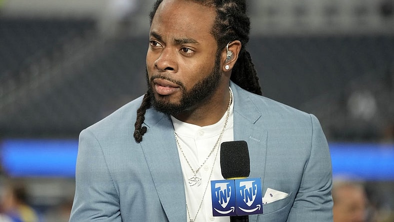 Aug 19, 2022; Inglewood, California, USA; Richard Sherman on the Amazon Prime Thursday Night Football set before the game between the Los Angeles Rams and the Houston Texans  at SoFi Stadium. Mandatory Credit: Kirby Lee-USA TODAY Sports