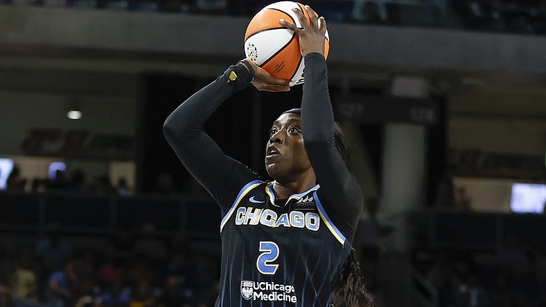 Aug 20, 2022; Chicago, Illinois, USA; Chicago Sky guard Kahleah Copper (2) shoots against the New York Liberty during the first half of Game 2 of the first round of the WNBA playoffs at Wintrust Arena. Mandatory Credit: Kamil Krzaczynski-USA TODAY Sports