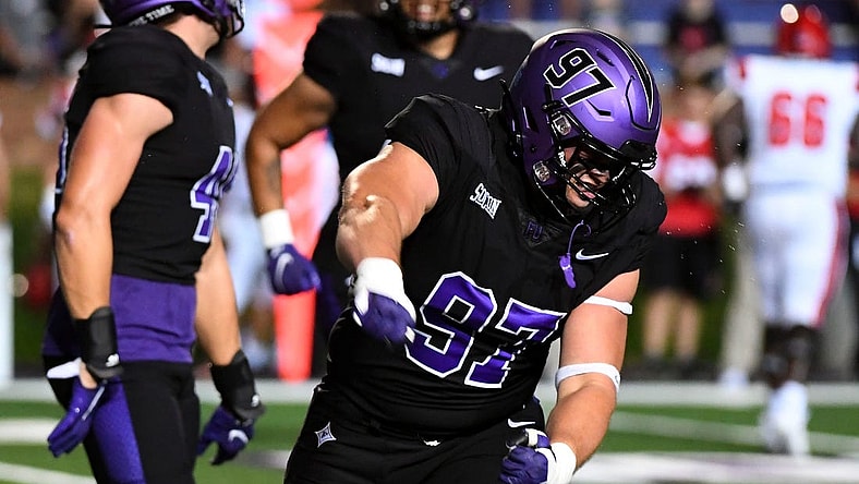 Furman Paladins defensive tackle Bryce Stanfield (97) celebrates after a play against North Greenville Crusaders at Paladin Stadium in Greenville, Thursday, September 1, 2022.

Jg Furman 090122 0047