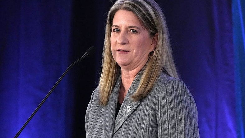 Oct 25, 2022; San Francisco, CA, USA; Deputy commissioner Teresa Gould speaks during Pac-12 Women's Basketball Media Day at the Pac-12 Network Studios. Mandatory Credit: Kirby Lee-USA TODAY Sports