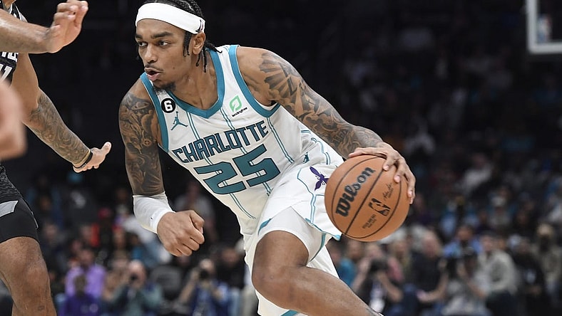 Oct 31, 2022; Charlotte, North Carolina, USA; Charlotte Hornets forward center PJ Washington (25) dribbles the ball during the second half against the Sacramento Kings at the Spectrum Center. Mandatory Credit: Sam Sharpe-USA TODAY Sports