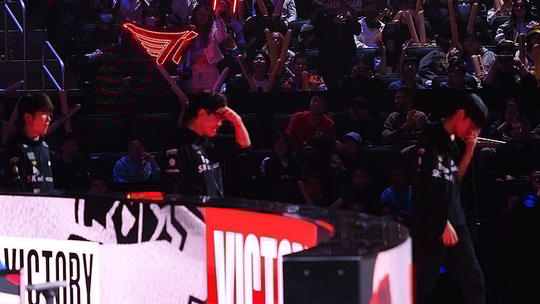 Nov 5, 2022; San Francisco, California, USA; Fans hold lit signs for T1 after game 3 against DRX during the League of Legends World Championships at Chase Center. Mandatory Credit: Kelley L Cox-USA TODAY Sports