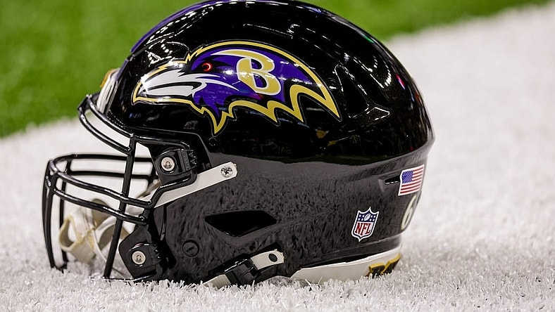 Nov 7, 2022; New Orleans, Louisiana, USA;  General view of the Baltimore Ravens helmet during the warm ups before the game against the New Orleans Saints at Caesars Superdome. Mandatory Credit: Stephen Lew-USA TODAY Sports