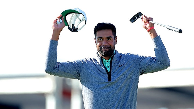 Nov 13, 2022; Houston, Texas, USA; Tony Finau celebrates after winning the Houston Open golf tournament. Mandatory Credit: Erik Williams-USA TODAY Sports