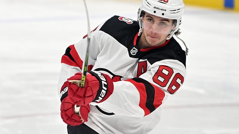 Nov 17, 2022; Toronto, Ontario, CAN; New Jersey Devils forward Jack Hughes (86) warms up before the game against the Toronto Maple Leafs at Scotiabank Arena. Mandatory Credit: Dan Hamilton-USA TODAY Sports