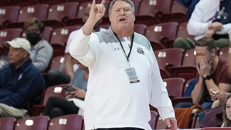 Nov 20, 2022; Charleston, South Carolina, USA; Old Dominion Monarchs head coach Jeff Jones signals his team in the first half against the Davidson Wildcats at TD Arena. Mandatory Credit: David Yeazell-USA TODAY Sports