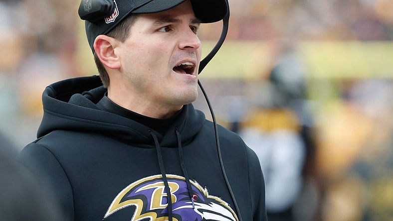 Dec 11, 2022; Pittsburgh, Pennsylvania, USA;  Baltimore Ravens defensive coordinator Mike Macdonald reacts on the sidelines against the Pittsburgh Steelers during the second quarter at Acrisure Stadium. Mandatory Credit: Charles LeClaire-USA TODAY Sports