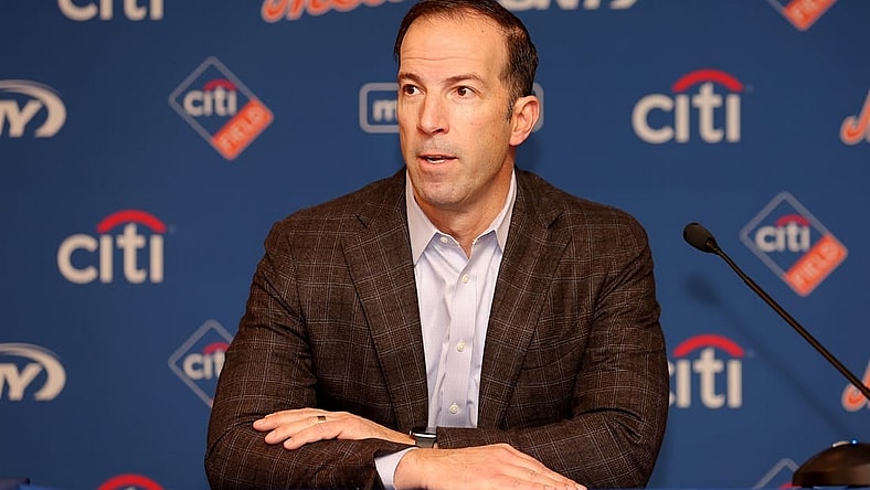 Dec 19, 2022; NY, NY, USA; New York Mets general manager Billy Eppler introduces pitcher Kodai Senga (not pictured) during a press conference at Citi Field. Mandatory Credit: Brad Penner-USA TODAY Sports