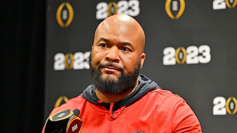 Jan 7, 2023; Los Angeles, California, USA; Georgia Bulldogs run game coordinator and running back coach Dell McGee talks to media on media day before the 2023 CFP National Championship game at Los Angeles Convention Center. Mandatory Credit: Jayne Kamin-Oncea-USA TODAY Sports