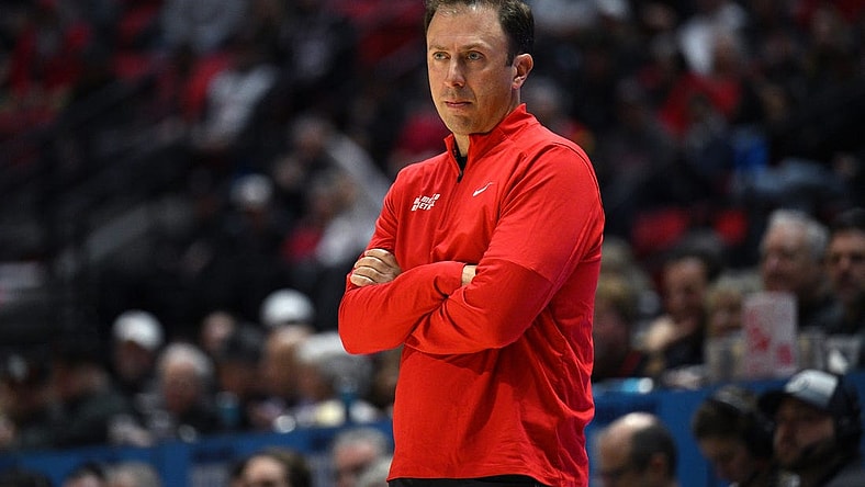 Jan 14, 2023; San Diego, California, USA; New Mexico Lobos head coach Richard Pitino looks on during the first half against the San Diego State Aztecs at Viejas Arena. Mandatory Credit: Orlando Ramirez-USA TODAY Sports