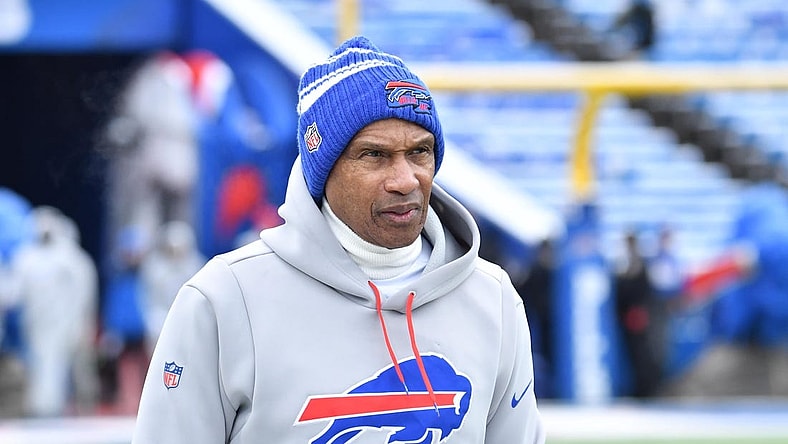 Jan 15, 2023; Orchard Park, NY, USA; Buffalo Bills defensive coordinator Leslie Frazier looks on before playing against the Miami Dolphins in a NFL wild card game at Highmark Stadium. Mandatory Credit: Mark Konezny-USA TODAY Sports