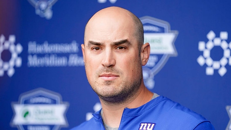 New York Giants offensive coordinator Mike Kafka talks to reporters before organized team activities (OTAs) at the training center in East Rutherford on Thursday, May 19, 2022.

Nfl Ny Giants Practice

Syndication The Record