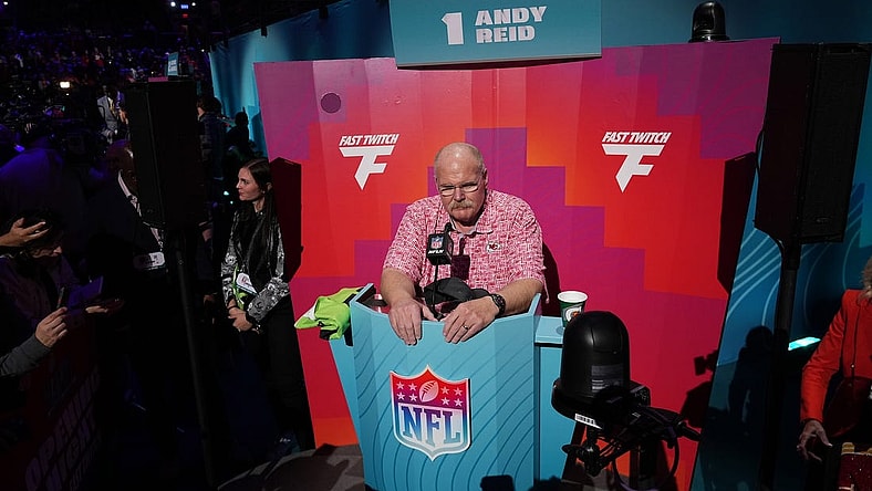 Feb 6, 2023; Phoenix, AZ, USA; Kansas City Chiefs head coach Andy Reid speaks with media during Super Bowl Opening Night at Footprint Center. Mandatory Credit: Joe Camporeale-USA TODAY Sports