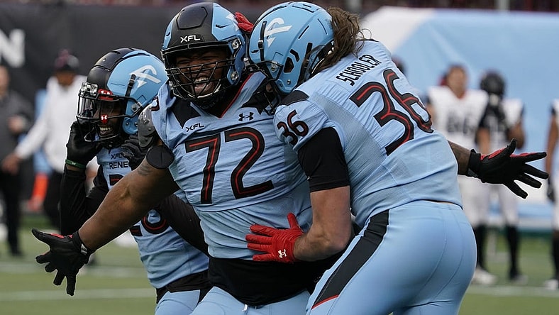 Feb 18, 2023; Arlington, TX, USA; Arlington Renegades defensive lineman T.J. Barnes (72) celebrates a sack on a game tying two-point conversation attempt by the Vegas Vipers during the second half at Choctaw Stadium. Mandatory Credit: Raymond Carlin III-USA TODAY Sports
