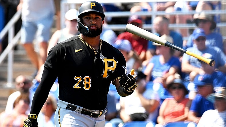 Mar 2, 2023; Dunedin, Florida, USA; Pittsburgh Pirates left fielder Canaan Smith-Njigba (28) reacts after striking out  in the first inning of a spring training game against the Toronto Blue Jays at TD Ballpark. Mandatory Credit: Jonathan Dyer-USA TODAY Sports