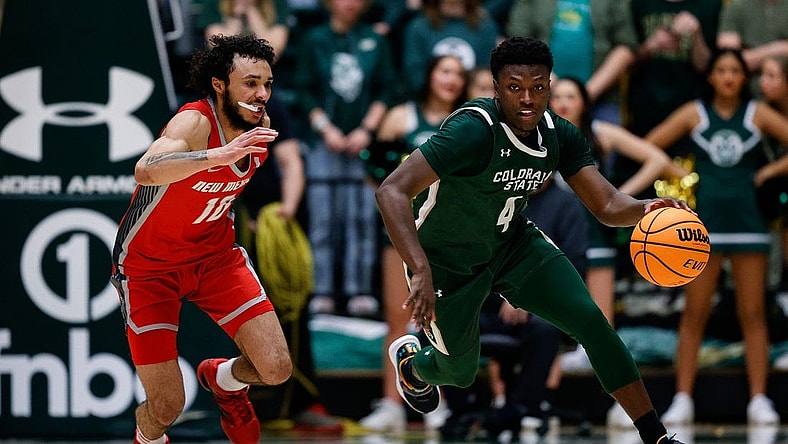 Mar 3, 2023; Fort Collins, Colorado, USA; Colorado State Rams guard Isaiah Stevens (4) dribbles the ball up court against New Mexico Lobos guard Jaelen House (10) in the second half at Moby Arena. Mandatory Credit: Isaiah J. Downing-USA TODAY Sports