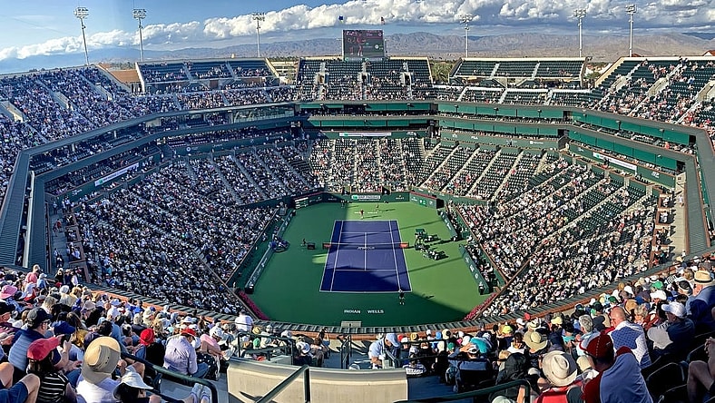 Mar 16, 2023; Indian Wells, CA, USA;   General view of stadium court during the quarterfinal match between Jannik Sinner (ITA) and Taylor Fritz (USA) in the BNP Paribas Open at the Indian Wells Tennis Garden. Mandatory Credit: Jayne Kamin-Oncea-USA TODAY Sports