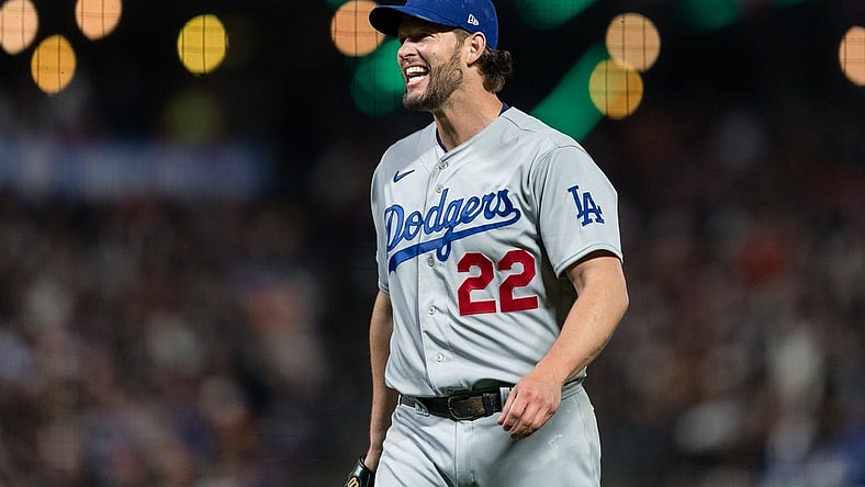 Apr 12, 2023; San Francisco, California, USA;  Los Angeles Dodgers starting pitcher Clayton Kershaw (22) reacts after walking a San Francisco Giants batter during the fifth inning at Oracle Park. Mandatory Credit: John Hefti-USA TODAY Sports