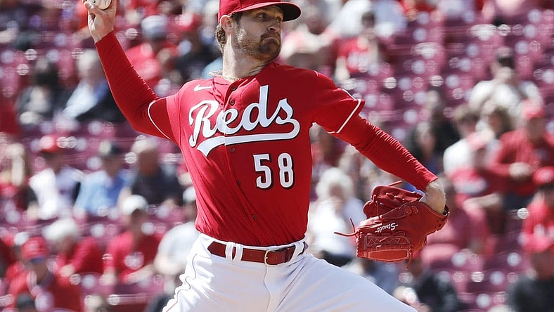 Apr 19, 2023; Cincinnati, Ohio, USA; Cincinnati Reds starting pitcher Levi Stoudt (58) throws against the Tampa Bay Rays during the first inning at Great American Ball Park. Mandatory Credit: David Kohl-USA TODAY Sports
