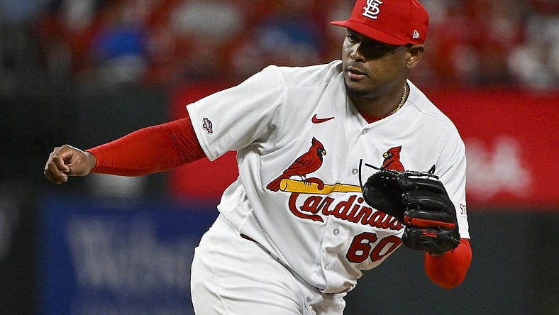 May 2, 2023; St. Louis, Missouri, USA;  St. Louis Cardinals relief pitcher Guillermo Zuniga (60) pitches in his MLB debut against the Los Angeles Angels during the ninth inning at Busch Stadium. Mandatory Credit: Jeff Curry-USA TODAY Sports