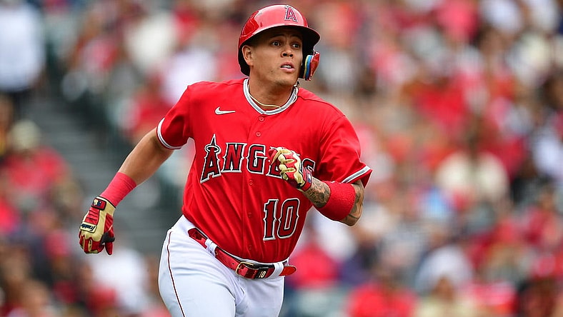 May 28, 2023; Anaheim, California, USA; Los Angeles Angels third baseman Gio Urshela (10) runs after hitting a triple against the Miami Marlins during the second inning at Angel Stadium. Mandatory Credit: Gary A. Vasquez-USA TODAY Sports