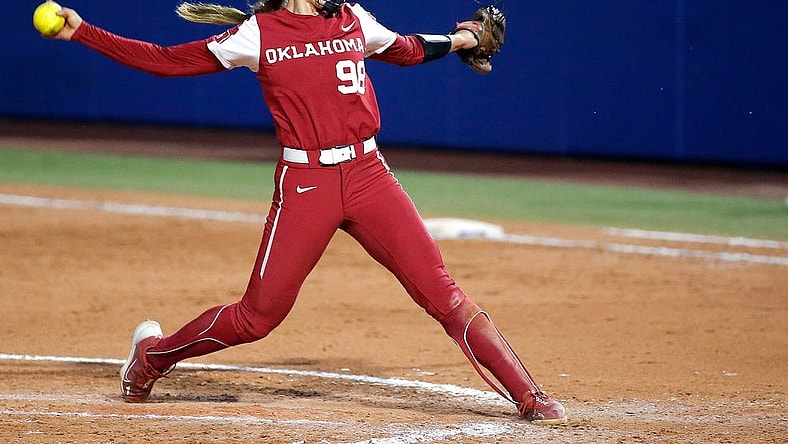 Oklahoma's Jordy Bahl (98) throws a pitch in the seventh inning during the second game of the Women's College World Championship Series between the Oklahoma Sooners and Florida State at USA Softball Hall of Fame Stadium in Oklahoma City, Thursday, June, 8, 2023.