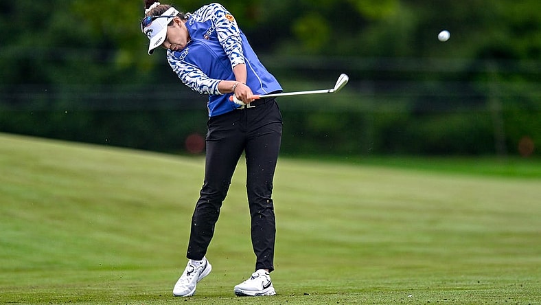 Jun 22, 2023; Springfield, New Jersey, USA; Atthaya Thitikul tees off on the 4th hole during the first round of the KPMG Women's PGA Championship golf tournament. Mandatory Credit: John Jones-USA TODAY Sports